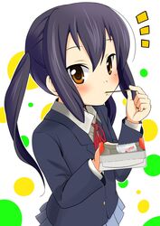  black_hair blush brown_eyes k-on! long_hair nakano_azusa pocky polka_dot pov school_uniform sharing simple_background solo tatoon twintails 