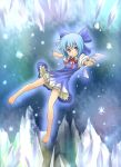  bad_id barefoot bloomers blue_eyes blue_hair blush bow cirno hair_bow highres ice kats legs ribbon smile snow snowing solo touhou wings 