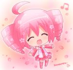  blush cherry_blossoms chibi closed_eyes cosplay detached_sleeves drill_hair hahifuhe headset kasane_teto musical_note open_mouth pink pink_hair sakura_miku sakura_miku_(cosplay) sakura_teto skirt smile solo twintails utau vocaloid 