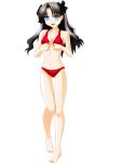 1girl barefoot bikini black_hair blue_eyes engo_(aquawatery) fate/stay_night fate_(series) long_hair simple_background solo swimsuit tohsaka_rin unclasped 