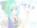  2009 ? blue_eyes blue_hair cirno jun_(kyurisin) pointing ribbon smile touhou wallpaper ⑨ 
