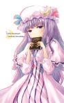  book character_name crescent hat hyuuga_azuri long_hair patchouli_knowledge purple_eyes purple_hair solo title_drop touhou violet_eyes 