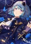  1boy absurdres androgynous black_jacket blue_butterfly blue_flower blue_hair blue_rose bug butterfly ensemble_stars! flower hat highres jacket light_blue_hair long_sleeves looking_to_the_side lying male_focus on_back open_mouth rose shino_hajime short_hair solo veil violet_eyes yuuki_madoka 