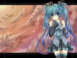  bad_id blue_eyes blue_hair blush cloud clouds detached_sleeves gradient_hair hatsune_miku multicolored_hair necktie reia skirt sky solo thigh-highs thighhighs twintails vocaloid 