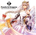  1girl brooch dress earrings gauntlets highres jewelry k.c puzzle_&amp;_dragons red_eyes shield silver_hair solo sword weapon 