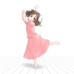  abekawa animal_ears barefoot black_eyes brown_hair bunny_ears bunny_tail dancing hands_together inaba_tewi looking_at_viewer pose rabbit_ears skirt skirt_set solo tail touhou 