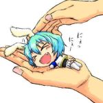   animal_ears blue_hair rabbit_ears fang hands petting super_deformed  