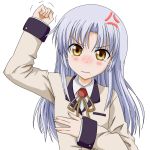  angel_beats! anger_vein angry blazer blue_hair blush bust clenched_hand fist flat_chest frown highres long_hair raised_fist school_uniform simple_background solo takumi_(rozen_garten) tears tachibana_kanade trembling wavy_mouth yellow_eyes 
