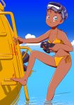  barefoot bikini black_hair blue_eyes blush_stickers camera diving_mask hajikko submarine swimsuit tan 