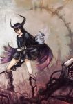  black_gold_saw black_hair black_rock_shooter boots character_request highres horns long_hair red_eyes skirt 