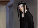  black_hair boy headband hyuuga_neji long_hair male naruto outdoors outside rain shirt solo standing white_eyes 