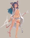  anklet barefoot bell black_hair blue_eyes breasts cat_ears fish_bone hair_bell hair_ornament jewelry legs navel original simple_background solo tail tiger_print tiger_tail under_boob underboob weno 