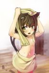  animal_ears arms_up bad_id blush brown_hair cat_ears cat_tail chen earrings flat_chest hidebo jewelry multiple_tails naked_towel navel open_mouth short_hair single_earring solo tail touhou towel wet yellow_eyes 