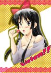  akiyama_mio aono_umi bare_shoulders black_eyes black_hair bow breasts cleavage food fruit hair_bow hime_cut holding holding_fruit icing k-on! lace large_breasts listen!! long_hair solo strawberry umi_(artist) 