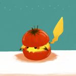  blush food konanbo lowres no_humans pikachu pokemon pokemon_(creature) tail tomato 