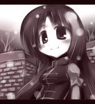  blush brick_wall chibi chinese_clothes hong_meiling letterboxed long_hair monochrome no_hat regls smile snow touhou tree winter 