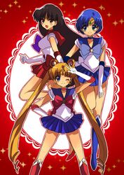  ayase08 bishoujo_senshi_sailor_moon black_hair blonde_hair blue_eyes blue_hair boots choker double_bun earrings elbow_gloves gloves hino_rei inner_senshi jewelry long_hair magical_girl mizuno_ami multiple_girls pun2 red_background sailor_mars sailor_mercury sailor_moon sailor_senshi short_hair skirt tiara tsukino_usagi twintails 