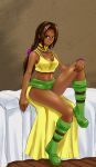  arc_the_lad arc_the_lad_ii bed boots brown_eyes brown_hair choker dark_skin female long_hair midriff sania shown sitting solo 