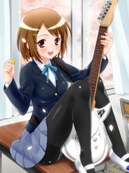  akito_(artist) blush bow breasts brown_eyes brown_hair desk guitar guitar_pick hair_ornament hairclip highres hirasawa_yui instrument k-on! latex legs panties panties_under_pantyhose pantyhose pantyshot pantyshot_sitting petals pleated_skirt plectrum school_desk school_uniform shiny shoes sitting skirt smile solo underwear uwabaki 