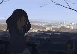  cityscape jacket jitsu_hidari landscape long_hair mountain multiple_girls railing silhouette sky 