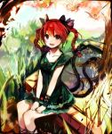  bad_id braid cat_ears cat_tail contemporary kaenbyou_rin multiple_tails red_eyes red_hair redhead ribbon short_hair sitting solo tail touhou twin_braids ume_(plumblossom) 