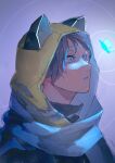  1girl animal_hood apex_legends bangs black_hair blue_butterfly blue_eyes bug butterfly cat_hood eyebrows_visible_through_hair from_side glowing_butterfly hood hood_up kawaniwa official_alternate_costume portrait scarf short_hair solo void_prowler_wraith white_scarf wraith_(apex_legends) 
