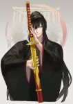  1boy bangs black_hair chorefuji closed_mouth commentary_request eyeshadow grey_background hair_between_eyes hand_up highres holding long_hair long_sleeves looking_at_viewer makeup male_focus nail_polish red_eyeshadow sheath solo sword tarou_tachi touken_ranbu weapon yellow_eyes yellow_nails 