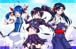  3girls absurdres ahoge black_hair blue_hair chinese_clothes fatal_fury ferret futaba_hotaru headband highres japanese_clothes kurosaki_miu long_hair mark_of_the_wolves midriff multiple_girls navel ponytail ryuuko_no_ken school_uniform snk the_king_of_fighters the_king_of_fighters_ex thigh-highs toudou_kasumi twintails yonecchi zettai_ryouiki 