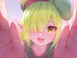  1girl :d aoi_(princess_connect!) beret close-up commentary_request face green_eyes green_hair green_headwear hair_over_one_eye hat pointy_ears pov princess_connect! smile solo yako_noir_(kei-ne) 