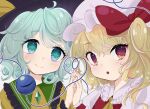  +_+ 2girls :o artist_request bangs bow eyebrows_visible_through_hair flandre_scarlet flower_in_eye green_eyes green_hair hair_bow hat heart heart_of_string highres holding_hands interlocked_fingers komeiji_koishi looking_at_viewer mob_cap multiple_girls one_side_up short_hair simple_background smile symbol_in_eye third_eye touhou upper_body white_background 
