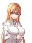  1girl absurdres bangs blonde_hair blue_eyes blush collared_shirt copyright_request eyebrows_visible_through_hair highres liberty_manurung long_hair long_sleeves looking_at_viewer shirt simple_background solo white_background white_shirt 