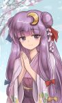  1girl crescent crescent_hair_ornament crescent_pin double_bun eyebrows_visible_through_hair hair_ornament highres japanese_clothes kimono long_hair namiki_(remiter00) no_hat no_headwear patchouli_knowledge purple_hair smile solo touhou upper_body very_long_hair violet_eyes 