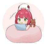  1girl 7mb_yut :p animal_ears annie_(league_of_legends) brown_background cat_ears fake_animal_ears food food_in_mouth green_eyes grey_background hairband holding horns league_of_legends medium_hair mouth_hold pillow pink_hairband poro_(league_of_legends) redhead short_sleeves stuffed_animal stuffed_toy teddy_bear tibbers tongue tongue_out 