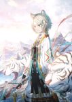  1girl absurdres animal_ears aqua_eyes clouds earrings fantasy highres holding holding_polearm holding_weapon jewelry mountain nengajou new_year open_mouth original pointy_ears polearm sho_(sumika) smile solo standing tiger weapon white_tiger 