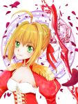  1girl aestus_estus ahoge blonde_hair braid breasts cleavage commentary_request dress epaulettes fate/extra fate/grand_order fate_(series) french_braid green_eyes hair_intakes hair_ribbon juliet_sleeves koala_no_panda large_breasts long_sleeves nero_claudius_(fate) nero_claudius_(fate)_(all) open_mouth puffy_sleeves red_dress red_ribbon ribbon saber_extra see-through solo wide_sleeves 