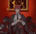  1girl bangs belt breasts chainsaw_man chair coat crossed_legs eyebrows_behind_hair eyebrows_visible_through_hair formal hair_between_eyes highres holding k00s looking_at_viewer makima_(chainsaw_man) necktie picture_(object) redhead ribbon shirt short_hair sitting smile solo suit yellow_eyes 