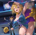 1boy 1girl arm_up armpits bare_shoulders belt black_hair blonde_hair blue_headwear blue_jacket blush blush_stickers breasts building card choker covered_navel dark_magician_girl duel_disk duel_monster floating gem gold_choker green_eyes hair_between_eyes hat highres holding holding_card holding_wand hood_(james_x) jacket long_hair looking_at_viewer monitor multicolored_hair mutou_yuugi one_eye_closed open_clothes open_jacket open_mouth pentagram purple_hair school_uniform stage standing teeth tongue uniform upper_teeth violet_eyes wand yu-gi-oh! 