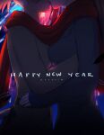  2girls artist_name avatar_(ff14) black_hair blurry blurry_background breast_press breasts cat_tail coat elezen elf facial_mark final_fantasy final_fantasy_xiv fireworks hand_on_another&#039;s_back hand_on_another&#039;s_hip happy_new_year highres hilda_ware hybrid hyur jewelry kiss koyorin long_hair medium_breasts miqo&#039;te multiple_girls new_year pink_hair pointy_ears ponytail ring scarf short_hair symmetrical_docking tail whisker_markings yuri 