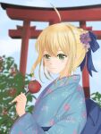  &gt;:) absurdres ahoge artoria_pendragon_(all) bangs blonde_hair blue_kimono blush bow braid braided_bun caliburn_(fate) closed_mouth cowboy_shot crown egasumi fate/stay_night fate_(series) flower furisode green_eyes hair_between_eyes hair_bow hair_flower hair_ornament highres holding holding_sword holding_weapon japanese_clothes kanzashi kimono nengajou obi obiage obijime saber sash shirt smile sword tilted_headwear v-shaped_eyebrows weapon white_shirt yamayuri 