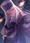  1girl 496mm blurry blurry_background capelet closed_mouth coat coat_dress dutch_angle fate/stay_night fate_(series) floating_hair highres illyasviel_von_einzbern lens_flare long_hair long_sleeves looking_at_viewer night one_eye_closed purple_capelet purple_coat purple_headwear red_eyes shiny shiny_hair silver_hair skirt_hold smile solo very_long_hair winter_clothes winter_coat 
