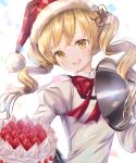  1girl bangs blonde_hair blush cake christmas commentary_request food hair_ornament hat high_collar highres holding juliet_sleeves long_sleeves looking_at_viewer magia_record:_mahou_shoujo_madoka_magica_gaiden mahou_shoujo_madoka_magica mitakihara_school_uniform neck_ribbon open_mouth puffy_sleeves red_ribbon revision ribbon santa_hat school_uniform simple_background smile solo tomoe_mami twintails ukiukikiwi2525 whipped_cream white_background yellow_eyes 