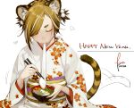  1girl 2022 absurdres afterimage animal_ear_fluff animal_ears bowl brown_hair chinese_zodiac chopsticks closed_eyes eating eyelashes fingernails floral_print food_request happy_new_year hatching_(texture) heart highres holding holding_bowl holding_chopsticks japanese_clothes kimono kyo_(kuroichigo) long_fingernails long_sleeves mouth_hold multicolored_hair nail_polish new_year orange_hair original short_hair signature simple_background solo streaked_hair tail tail_wagging tiger_ears tiger_girl tiger_tail white_background white_hair white_kimono wide_sleeves year_of_the_tiger 
