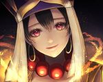  1girl aura bead_necklace beads black_background black_hair earrings fate/grand_order fate_(series) glowing hat hoop_earrings jewelry necklace portrait seki_(sekixview) smile violet_eyes xuangzang_sanzang_(fate) 