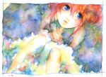  1girl blue_eyes border commentary dutch_angle flower gintama hair_between_eyes highres interlocked_fingers kagura_(gintama) looking_at_viewer making-of_available muttiy painting_(medium) parted_lips redhead signature solo traditional_media watercolor_(medium) 