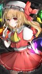  1girl blonde_hair contrapposto cowboy_shot crystal eiji_(monochromexd) flandre_scarlet glint glowing hand_up hat highres laevatein_(touhou) looking_at_viewer mob_cap one_side_up red_eyes simple_background solo touhou wings wrist_cuffs 