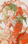  1girl bow dress frilled_bow frilled_ribbon frilled_sleeves frills green_eyes green_hair hair_bow hair_ribbon highres kagiyama_hina long_hair puffy_short_sleeves puffy_sleeves red_bow red_dress red_ribbon ribbon shinjitsu_no_kuchi short_sleeves solo touhou 