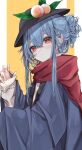  1girl absurdres alternate_costume black_headwear blue_hair blush closed_mouth food fruit hair_between_eyes happi hat highres hinanawi_tenshi japanese_clothes long_hair peach red_eyes red_scarf scarf sleeves_past_wrists solo sweater touhou tsune_(tune) upper_body white_sweater 
