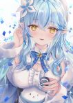  1girl absurdres bangs blue_bow blue_bowtie blue_coat blue_hair blue_nails blush bottle bow bowtie braid breasts center_frills choko_(cup) coat commentary_request cup daifuku_(yukihana_lamy) eyebrows_visible_through_hair flower frills fur-trimmed_coat fur_trim hair_between_eyes hair_flower hair_ornament hat highres holding holding_cup hololive kebaboishii large_breasts long_hair looking_at_viewer multicolored_hair nail_polish off_shoulder open_clothes open_coat parted_lips pointy_ears shirt sleeveless sleeveless_shirt smile solo streaked_hair upper_body virtual_youtuber white_flower white_headwear white_shirt yellow_eyes yukihana_lamy 