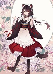  1girl :d animal_ears apron black_footwear black_hair black_kimono brown_eyes dog_ears dog_tail floating_hair heterochromia highres inui_toko japanese_clothes kimono layered_skirt long_hair long_skirt long_sleeves maid maid_headdress mole mole_under_eye nijisanji ny0r0ny0r0 red_eyes red_ribbon red_skirt ribbon shiny shiny_hair skirt smile solo standing tail two-tone_skirt virtual_youtuber waist_apron white_apron white_skirt wide_sleeves 