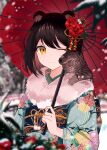  1girl ^_^ absurdres animal animal_ears black_hair blurry blurry_background closed_eyes closed_mouth commentary depth_of_field flower fur_trim hair_flower hair_ornament highres holding japanese_clothes kimono long_hair looking_at_viewer one_eye_closed original red_flower shan_(ti0n) smile snowing standing upper_body yellow_eyes 